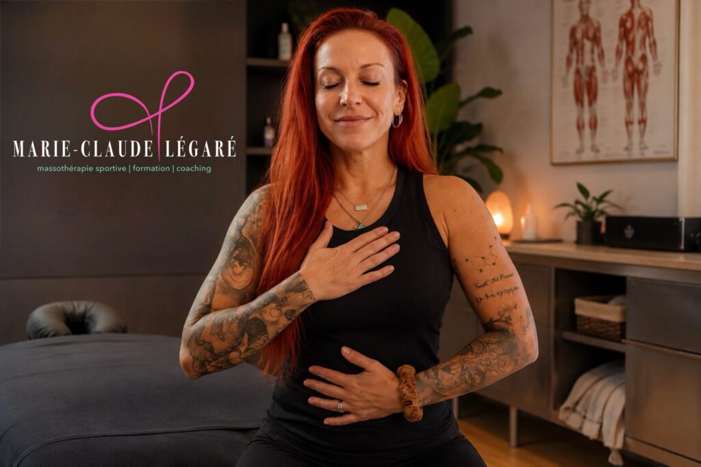 Marie-Claude Légaré pratiquant la respiration stratégique pour réguler le système nerveux du massothérapeute